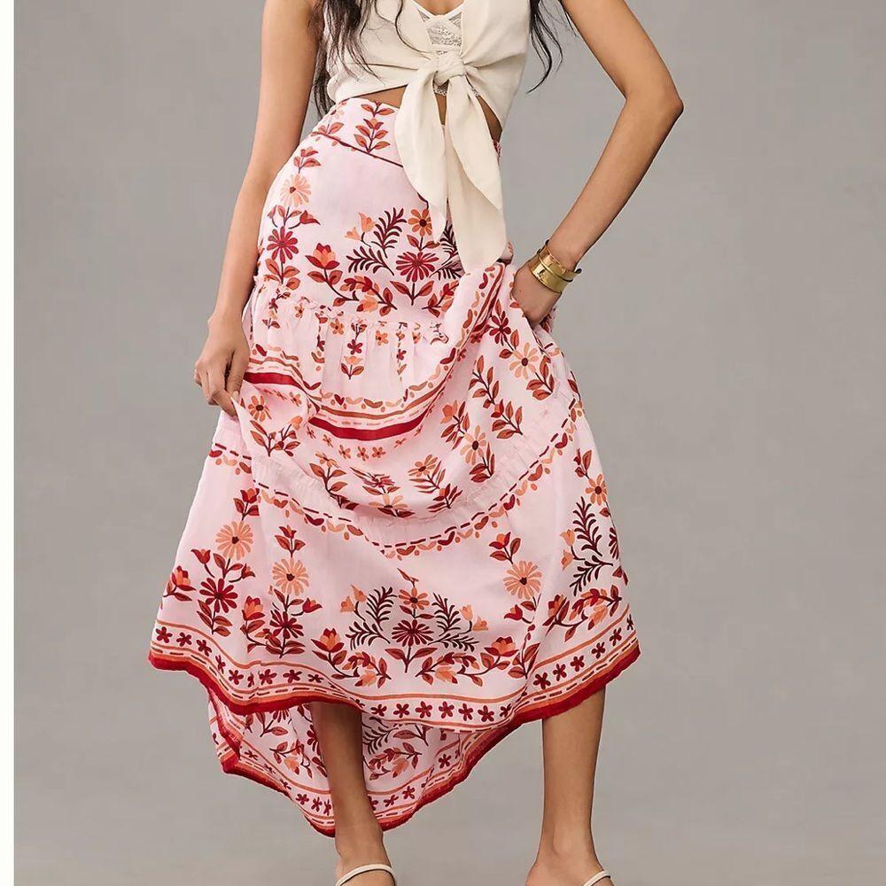 Banjanan Linen Pink and Red Floral Maxi Skirt